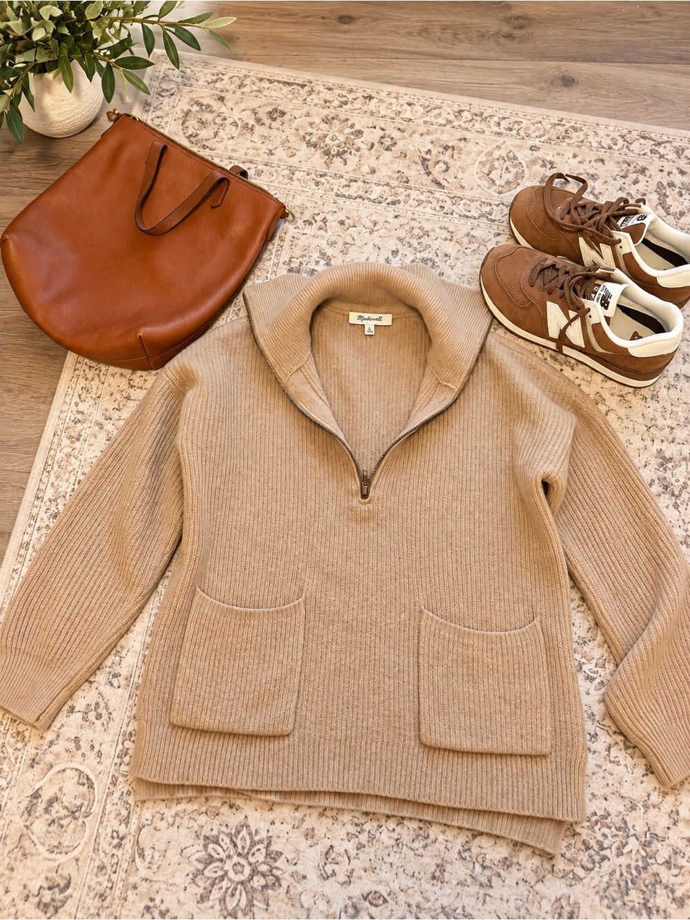 Madewell Cozy 1/4 Zip-Front Beige Pullover Sweater